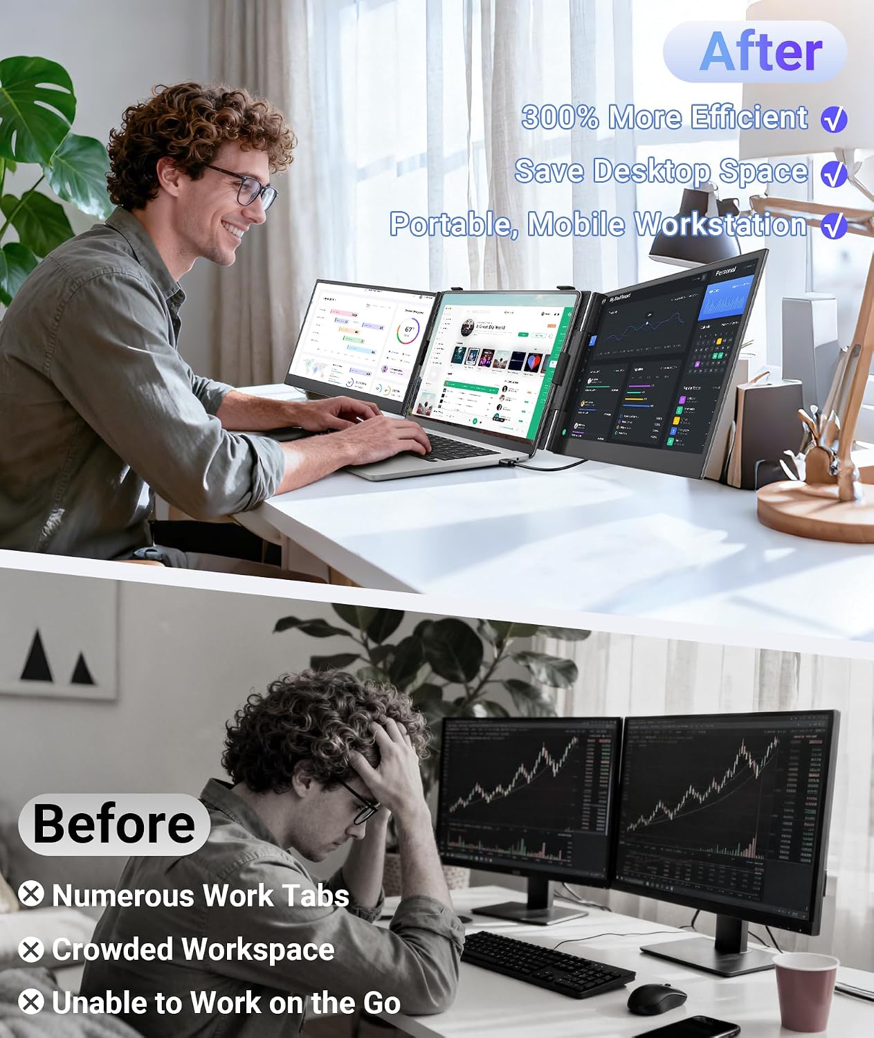 14' Triple Laptop Screen Extender, Ultra-Thin FHD 1080P Portable Monitor, 2.2lbs Lightweight Plug & Play Travel Monitor for 13'-17' Laptops, Compatible with Windows/Mac/Android/Chrome