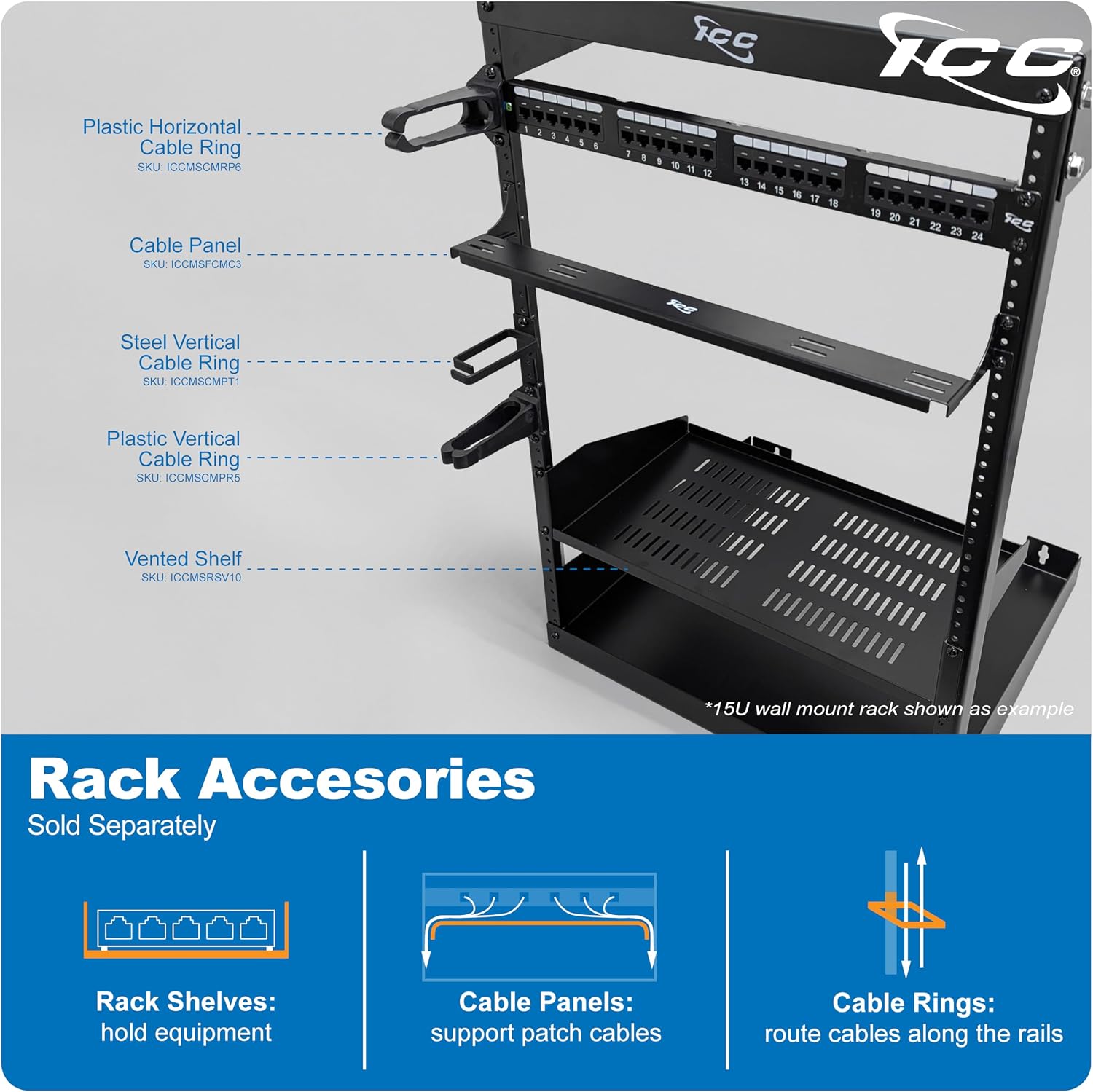 ICC 8U Wall Mount 19″ Open Frame Server Rack – 18″ Deep Cold-Rolled Steel, 125 lb Load Capacity – Network Rack for Patch Panels, Switches, AV, IT & Telecom Equipment Installations
