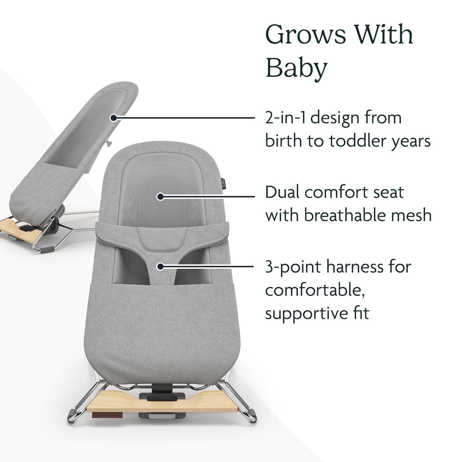 UPPAbaby Mira Bouncer/Portable 2-in-1 Bouncer + Seat Grows With Your Baby/GREENGuard® Gold, JPMA + FSC® certified/Cozy Seat Liner + Storage Bag Included/Charlie (Sand Mélange/Black Chrome/Walnut Wood)