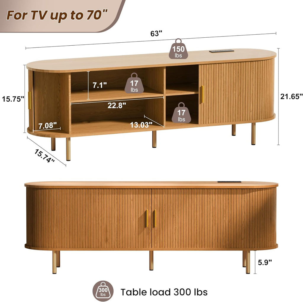 DHH 63 Inch Mid Century Modern TV Stand with Power Outlet for TVs up to 70 Inch, Entertainment Center with Storage and Adjustable Shelves, Media Console with Sliding Doors for Living Room(Yellow)
