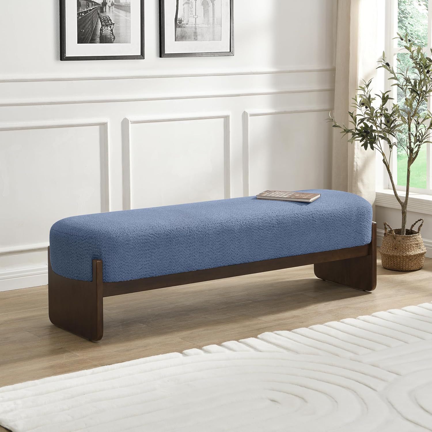Christopher Knight Home Arden Minimalist Style Rectangular Loop Yarn Fabric Ottoman Bench, Rubberwood Frame, Entryway Bench, Living Room Sofa Extra Seat, End of Bed Footstool, Blue+Brown