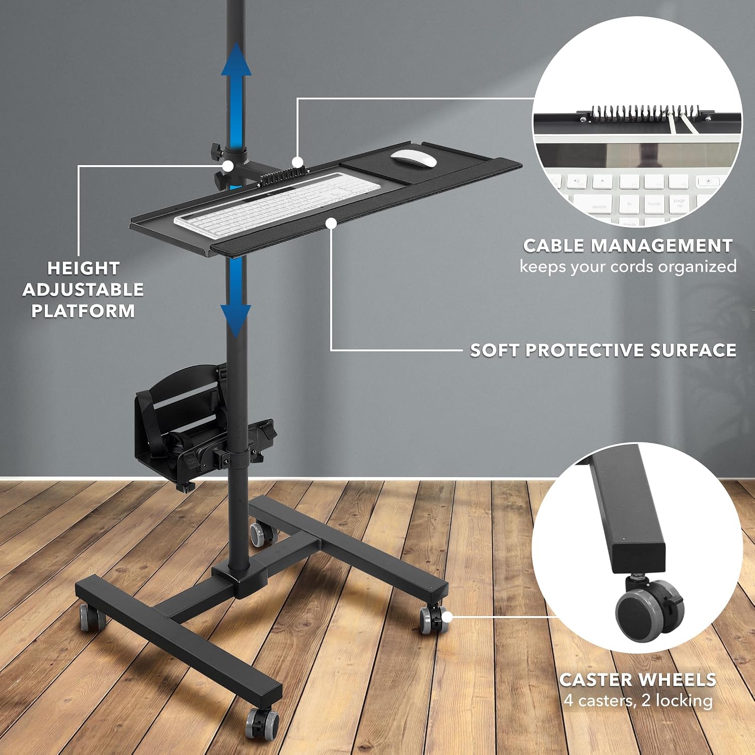 Mount-It! Rolling Computer Cart on Wheels, Mobile Desk Workstation with Monitor Mount for up to 32' Screen, Full Keyboard Tray, Floating Adjustable CPU Holder, Standing up to 70' Tall