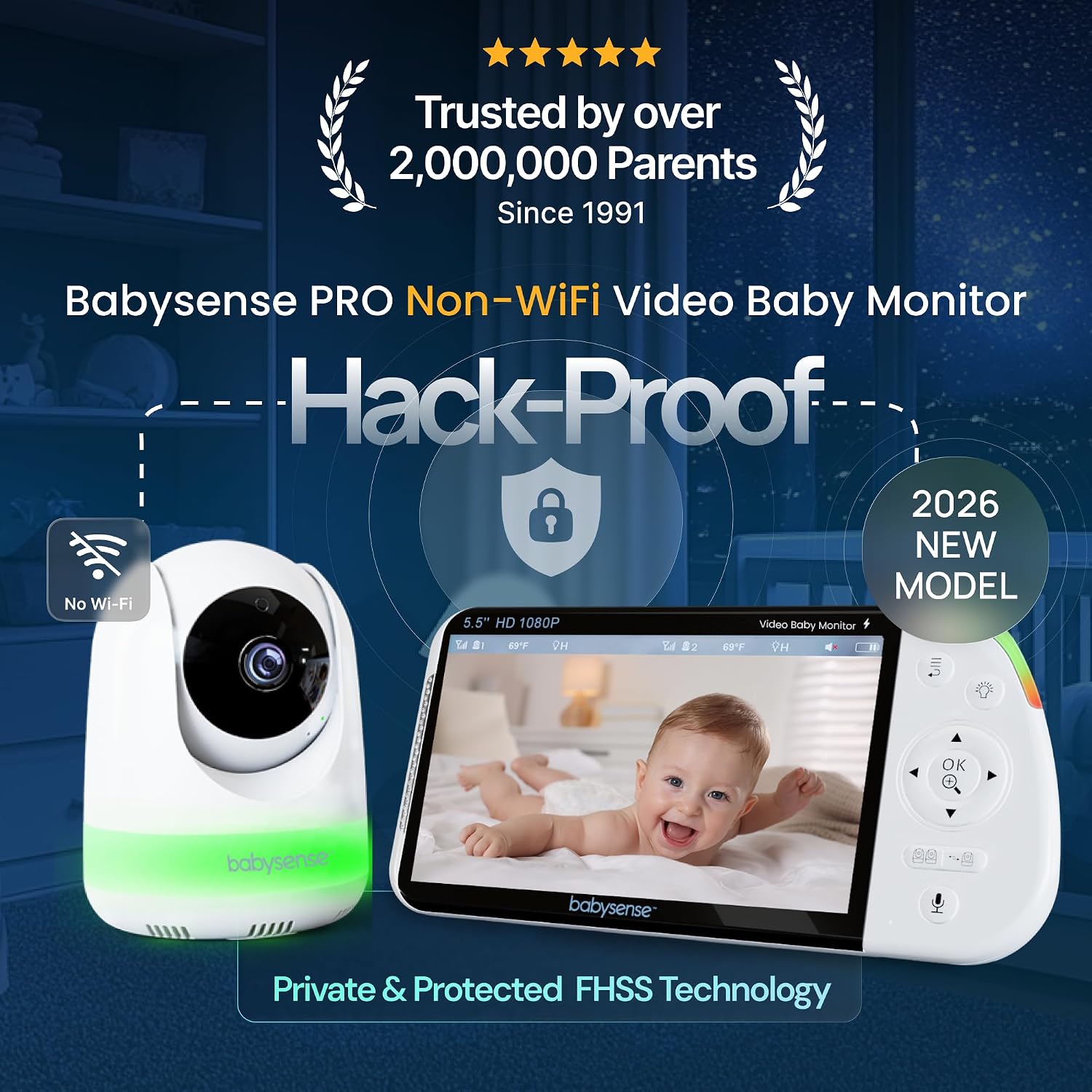 Babysense 5.5' Full-HD Split-Screen Baby Monitor, Video Baby Monitor with Camera and Audio, 3 Cameras with 6-Color RGB Night Light, 1000ft Range, 5000mAh Battery
