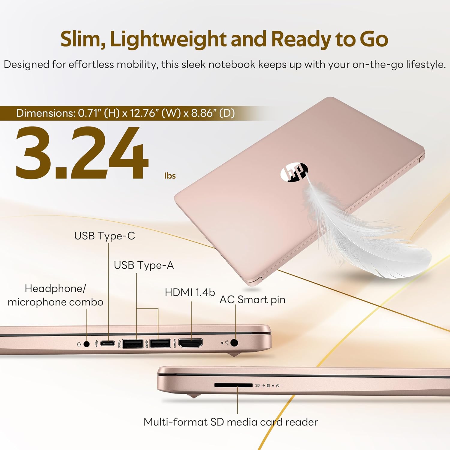 HP Stream 14' Laptop with AI Copilot, Flagship for Students & Business, 13th Gen Intel 4-Core, 4GB RAM, 1.12TB Storage (128GB UFS + 1TB Docking Station), Office 365 1-Year, Win 11 S, Pale Rose Gold