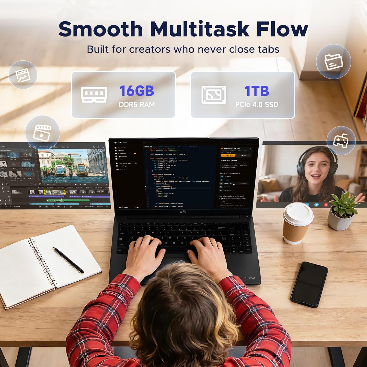 NIMO 15.6' IPS FHD Light-Gaming-Laptop, AMD Ryzen 7 8745HS 16GB DDR5 RAM 1TB SSD (8C/16T, up to 4.9 GHz Beat R9 7940HS) Radeon 780M GPU 100W Type-C Backlit Keyboard Fingerprint, for Students & Gamers