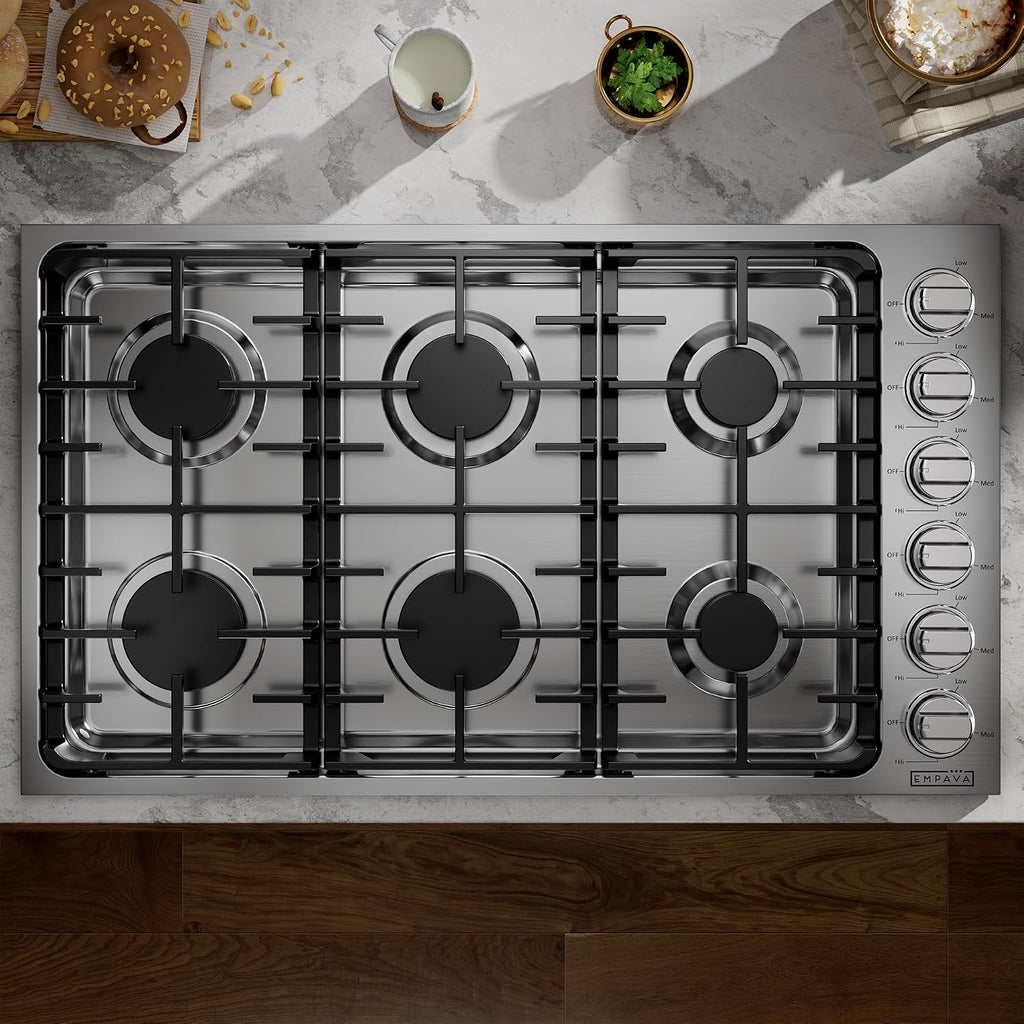 Empava 36 in. Gas Stove Cooktop 6 Italy Sabaf Sealed Burners NG/LPG Convertible in Stainless Steel