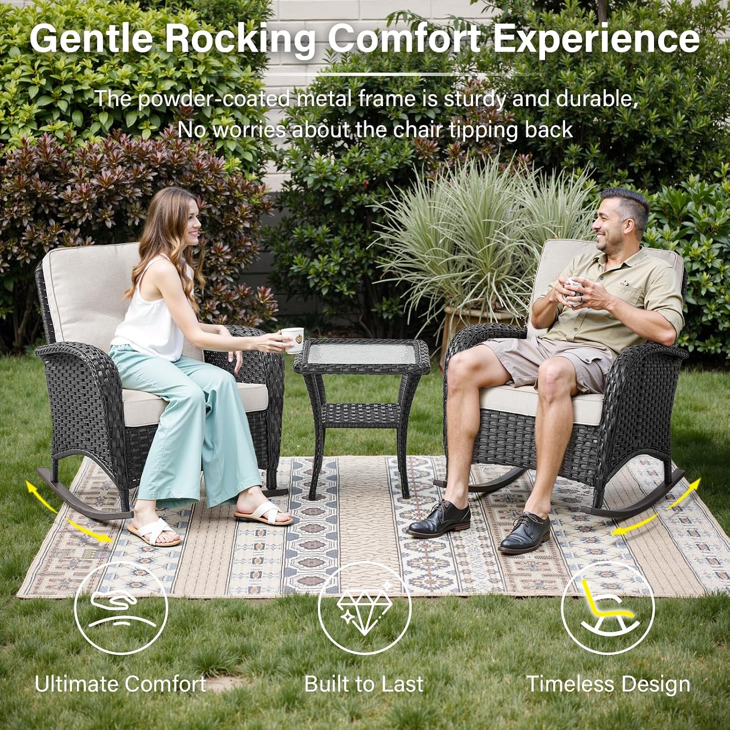 Belord 6 Pieces Outdoor Patio Furniture Set with Wicker Rocking Chairs, Rattan Patio Conversation Set with Glider Loveseat Ottomans and Side Table Black/Beige