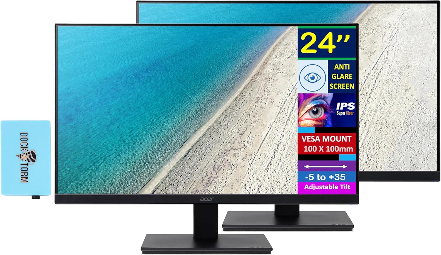 acer 24' FHD IPS Monitor with 4 ms Response Time, Anti-Glare, Adaptive Sync, Integrated Speakers, VESA Mount (100mm) & Dockztorm Hub, HDMI, Black Color (2-Pack)