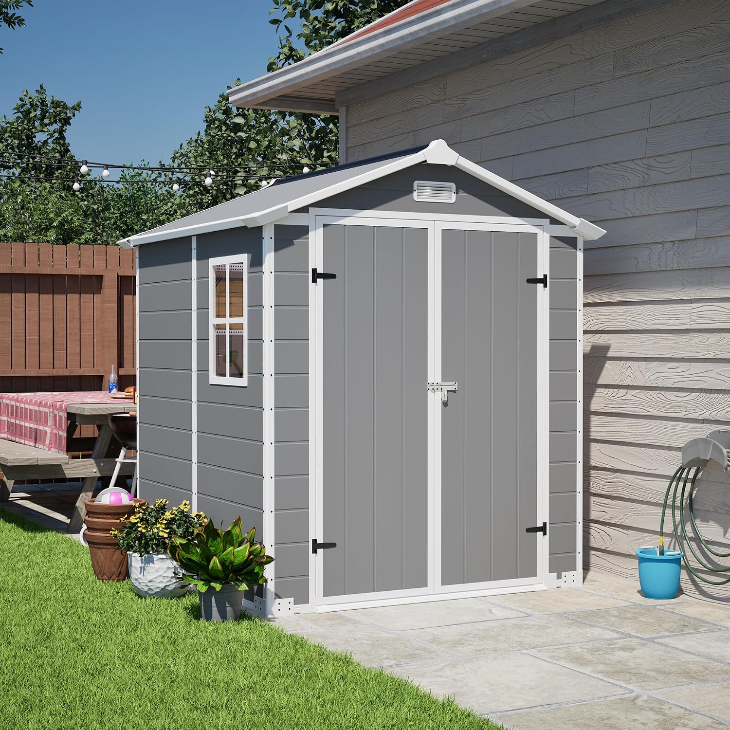 Resin Outdoor Storage Shed Kit Plastic Sheds Perfect to Store Patio Furniture, Garden Tools Bike Accessories, Beach Chairs and Lawn Mower, Grey (6x6 ft)