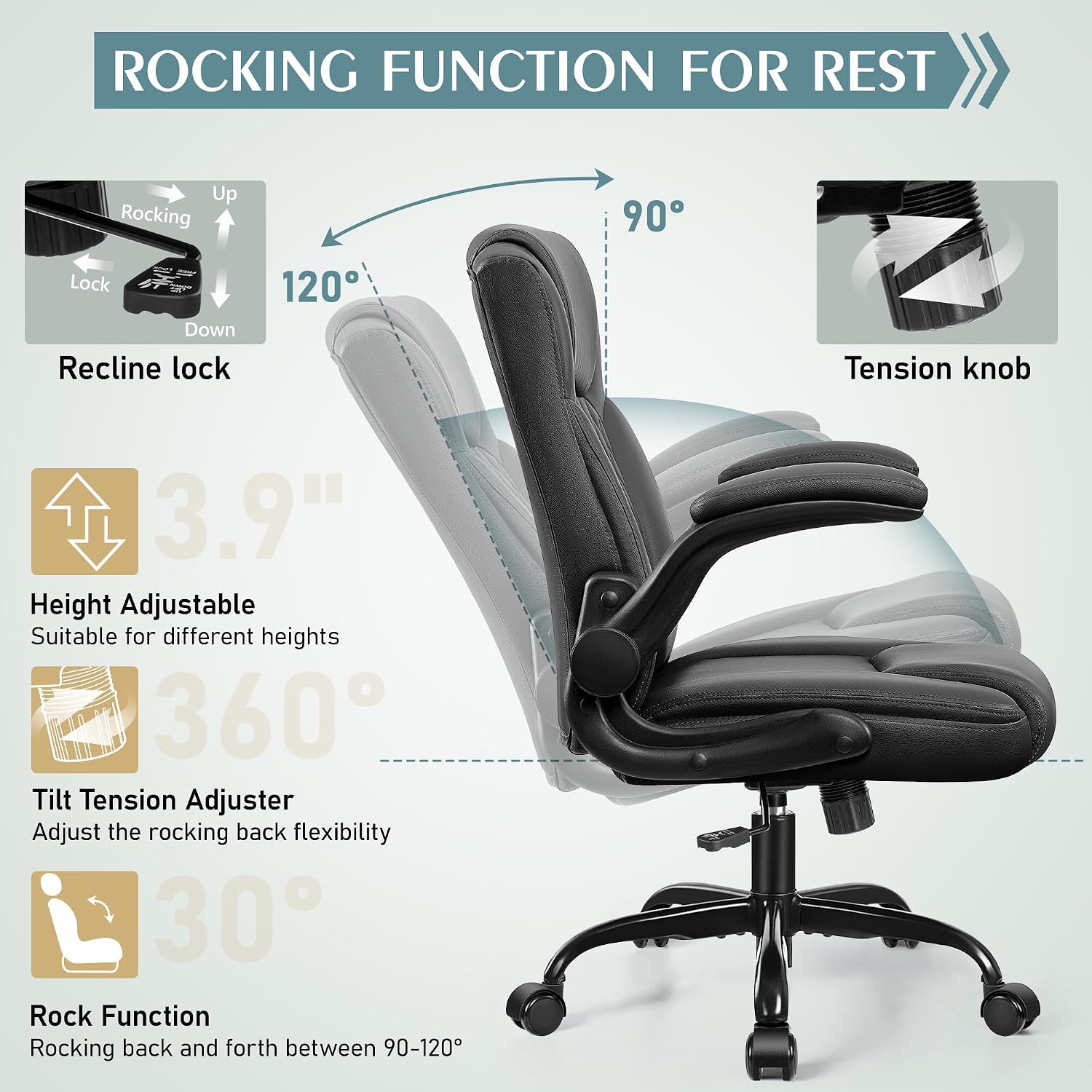Leather Office Chair, PU Home Computer Desk Chairs with Ergonomic Back Support, 360°Swivel Free，Small Gmaing Chair with Wheels and Adjustable Armrests, for Short People Use, Black