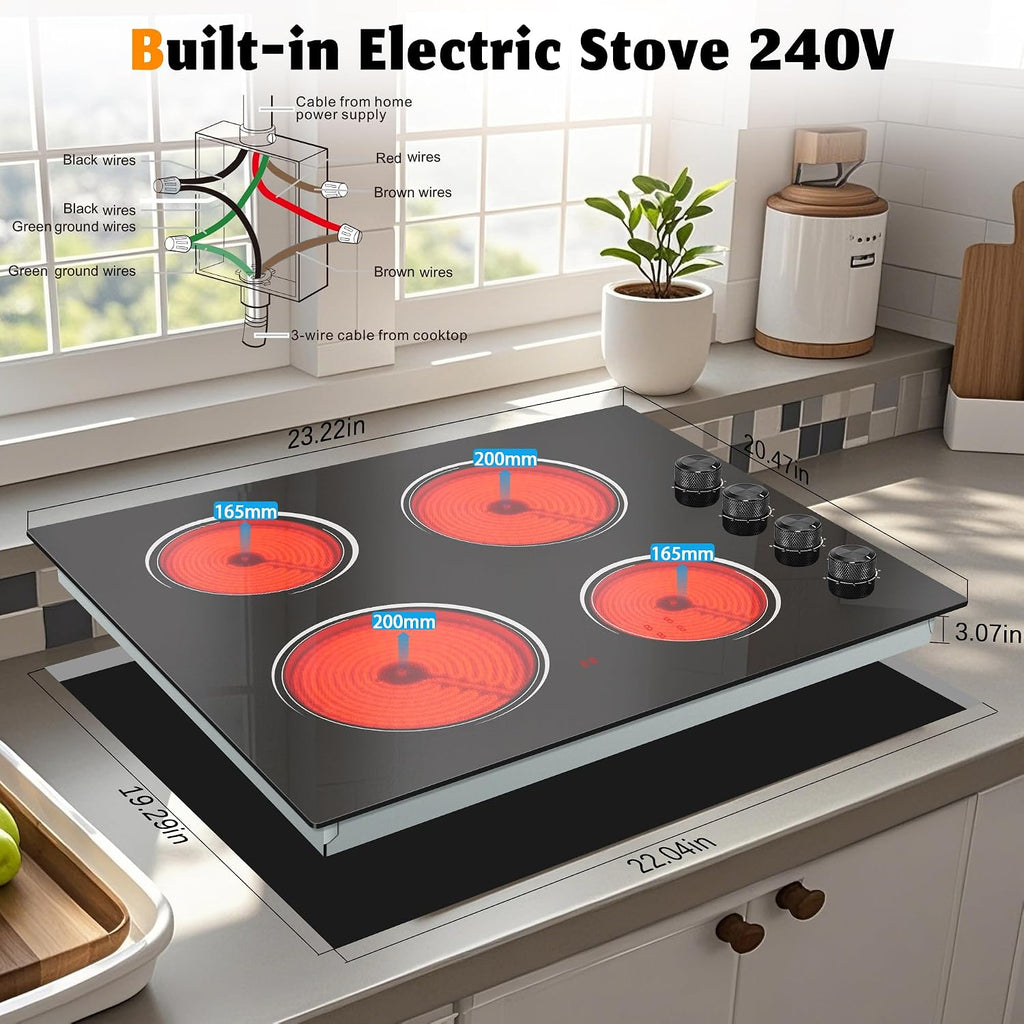 4 Burners Electric Stove Top with Knob Control,24 Inch,6000W Built-in Radiant Electric Cooktop, 9 Power Levels, Hot Warning, 220V Hard Wire(No Plug)