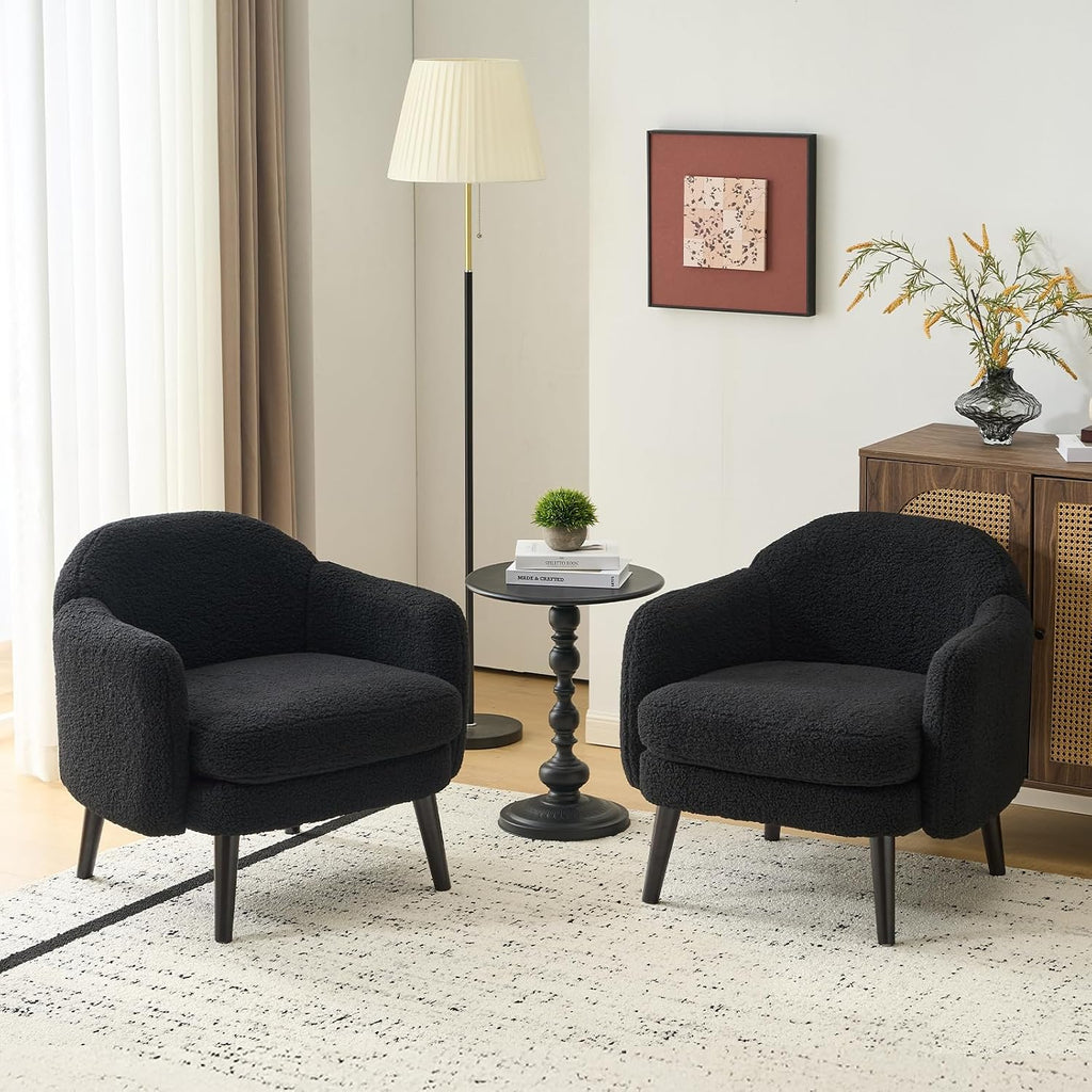 VINGLI 30.3' Wide Modern Barrel Accent Armchairs Set of 2 with Track Armrest, Solid Wooden Legs, Comfy Upholstered Club Chairs, Single Home Sofa for Living Room, Bedroom, Reading,Teddy Fleece Black