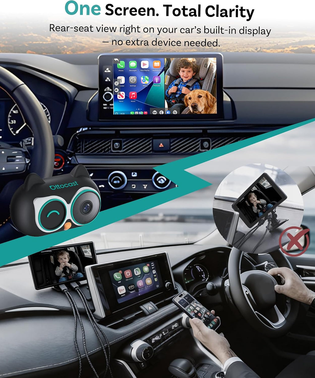 OTTOCAST Cabin Care Car Adapter with Baby Car Camera, Wireless CarPlay Display on CarScreen 2026, Plug-and-Play 1080P HD Rear Seat Baby Monitor, Split Screen Navigation, for Parents & Pet Owners