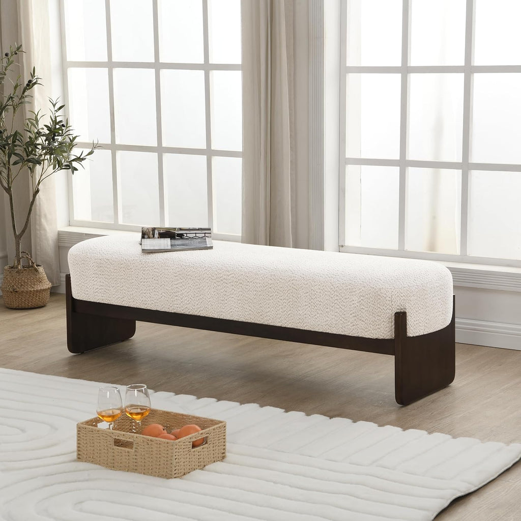 Christopher Knight Home Arden Minimalist Style Rectangular Loop Yarn Fabric Ottoman Bench, Rubberwood Frame, Entryway Bench, Living Room Sofa Extra Seat, End of Bed Footstool, Beige+Brown