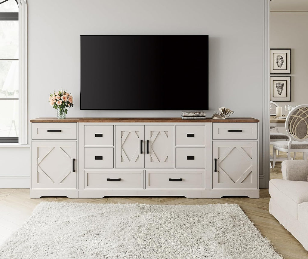 WAMPAT Modern Farmhouse TV Stand for TVs up to 100',3 in 1 Wood Entertainment Center,32' H Tall TV Console Cabinet with Barn Door for Living Room,Bedroom,Antique White