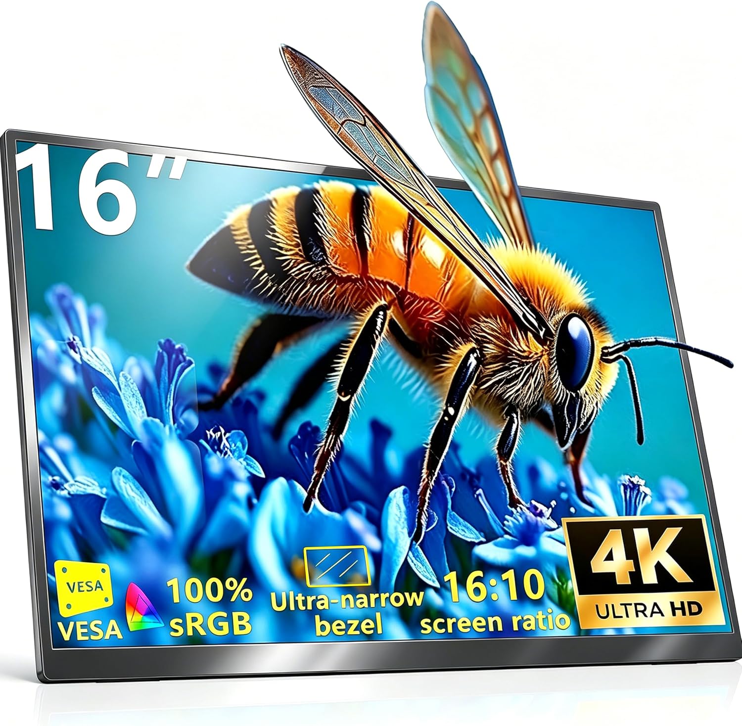 16' 4K Portable Monitor UHD 3840×2400 16:10 400 Nits Gaming Display,IPS HDR External Second Screen,Vertical Monitor for Laptop/Mac/PC/PS5/Xbox with Speakers Stand,VESA Compatible