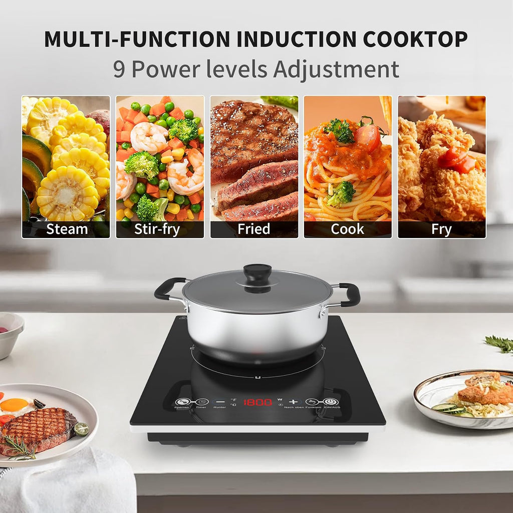VBGK Portable Induction Cooktop With Ultra Thin Body, Low Noise Hot Plate With 1800W Sensor Touch Single Electric Cooktops Countertop Stove With 9 Temperature & Power Levels, 3-hour Timer, Safety Lock