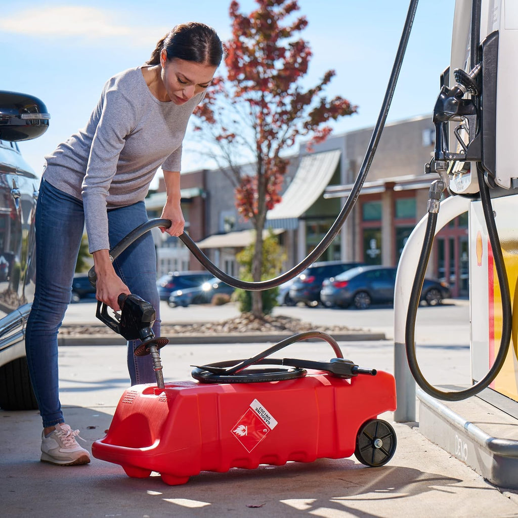 Scepter Duramax Flo 'N Go 14 Gallon Gas Caddy, 53 Liter Portable Fuel Tank and Fuel Transfer Pump with 10-Foot Hose for Lawn Mower, Farm, Marine, Commercial, and Home Use, Red