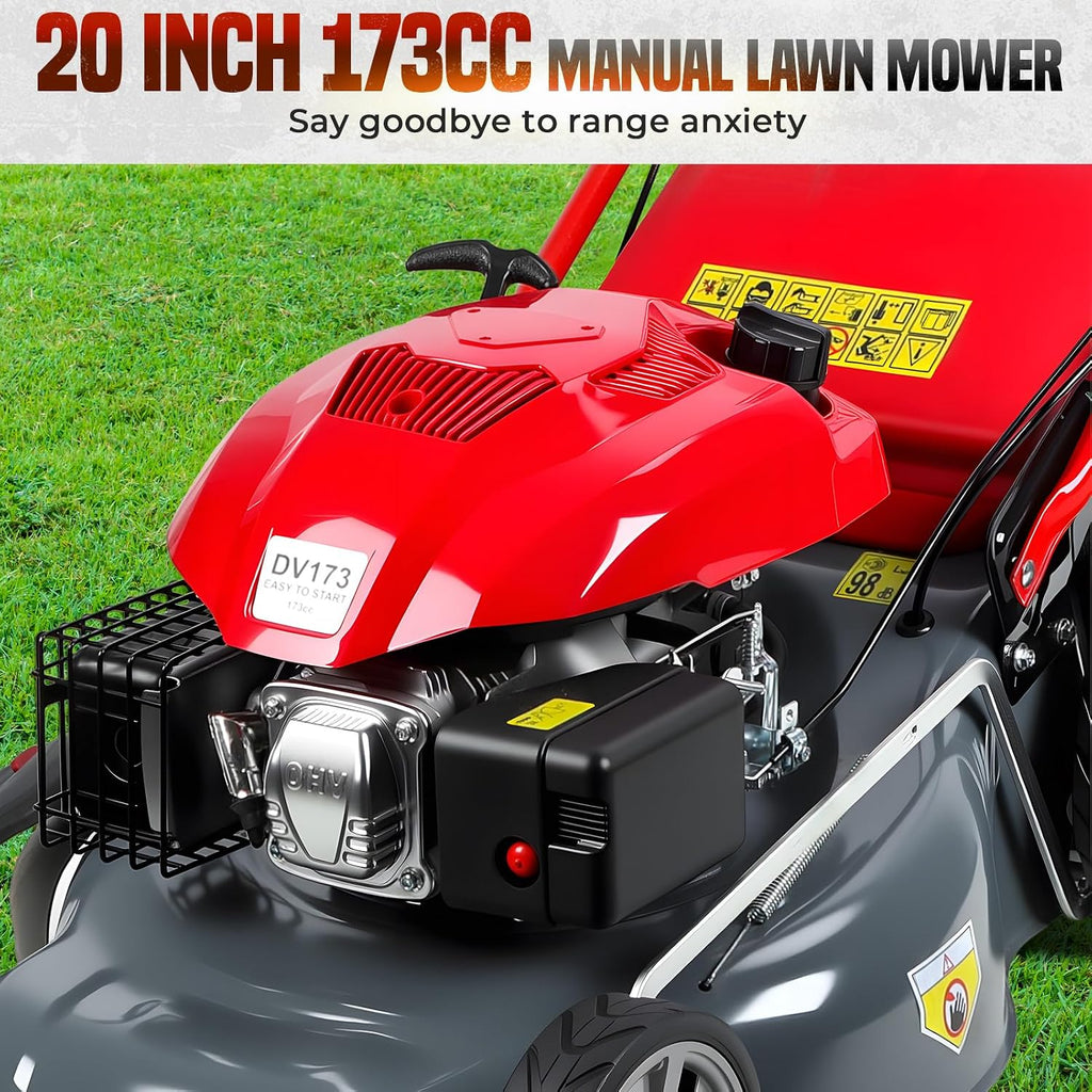 173cc self propelled Gas Lawn Mower Walk Behind Grass Cutter 20 inch Cutting Deck 60l Collection Bag Rear Wheel Drive Heavy Duty Yard Care Landscaping Tool Adjustable Height Patio Weed Trimming