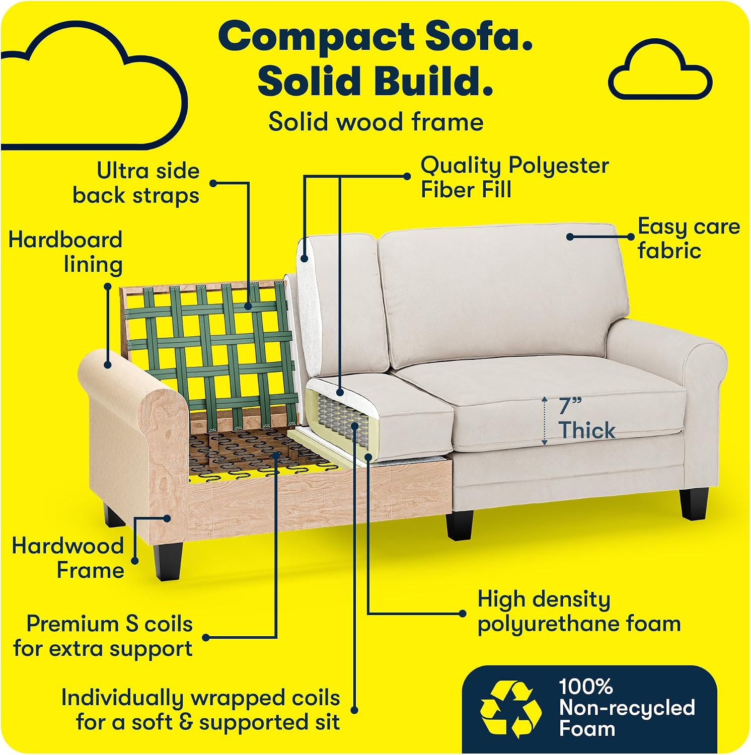 Serta Copenhagen 78' Rolled Arm Sofa, Easy Care Polyester, Soft Pillow Back, Pocket Coil Seat Cushions, Removable Covers, Loveseat or Couch for Small Spaces, Living Rooms or Bedrooms, Cream White