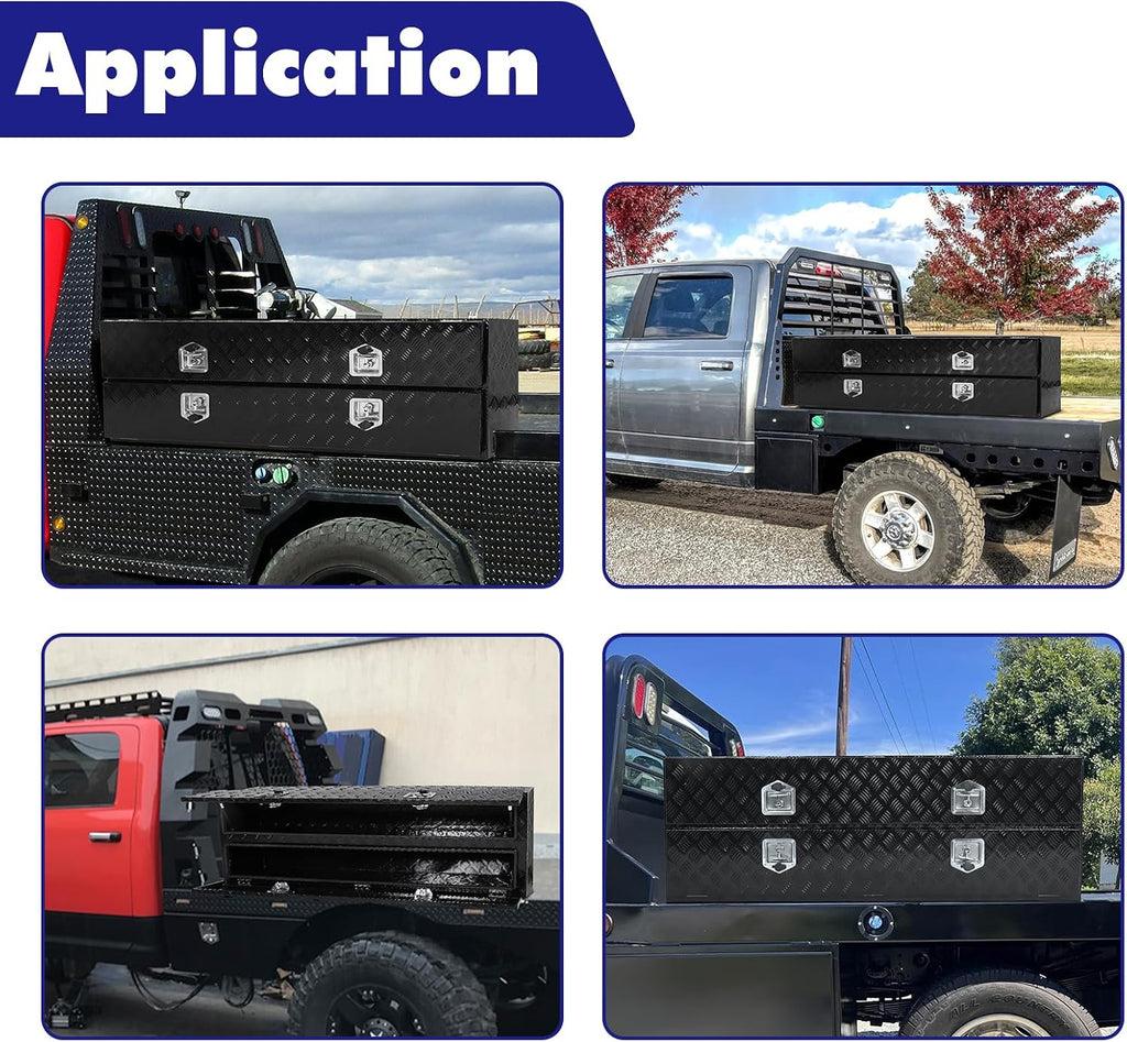 Aluminum Truck Tool Box w/Two Door,5 Bar Tread Truck Storage box w/Lock For Organization,Multifunction Black 60'x21'x15' Truck Toolboxes, For Truck,Trailer,RVs,Toolroom,Garage.