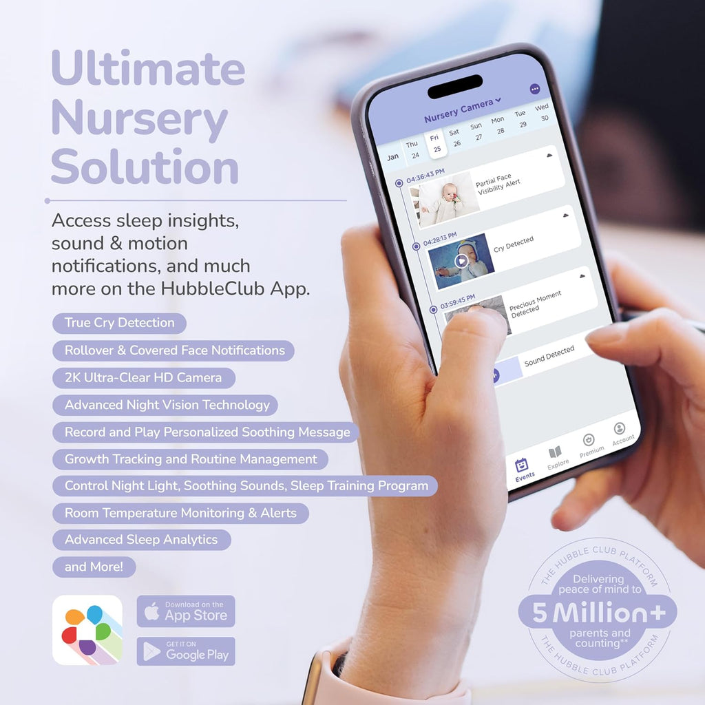 HUBBLE CONNECTED SkyVision AI Pro Baby Monitor — Baby Camera Monitor w/Covered Face, Rollover & True Cry Detection, Sleep Trainer, Soother & More — w/Touch Screen HD Parent Unit, Crib Mount System