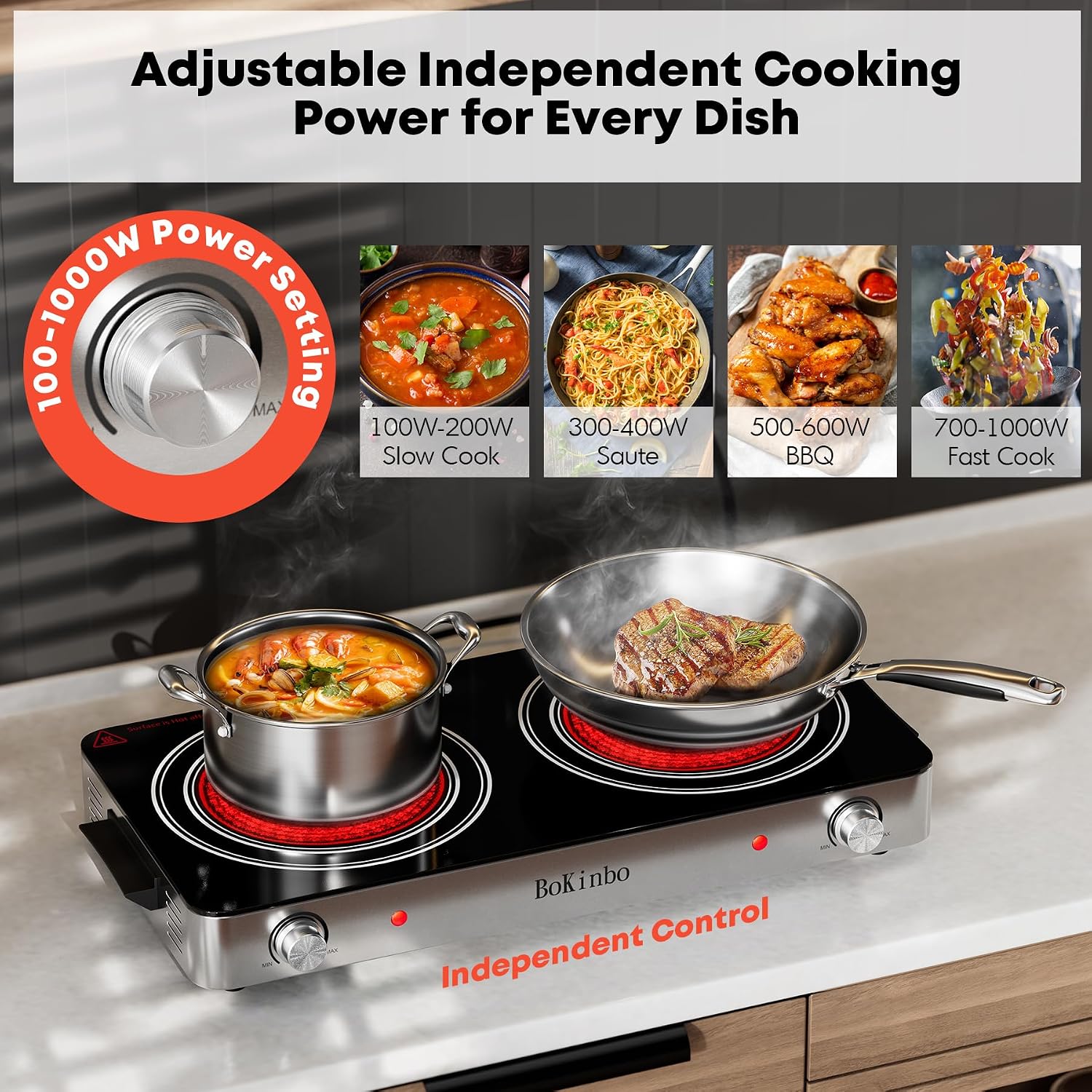 Electric Cooktop, Dual 2200 Watts Infrared Burner, 2 Burner Electric Hot Plate for Cooking, Knob Control Countertop & Built-in Ceramic Cooktop, Overheat Protection Burner for Dorm, Kitchen