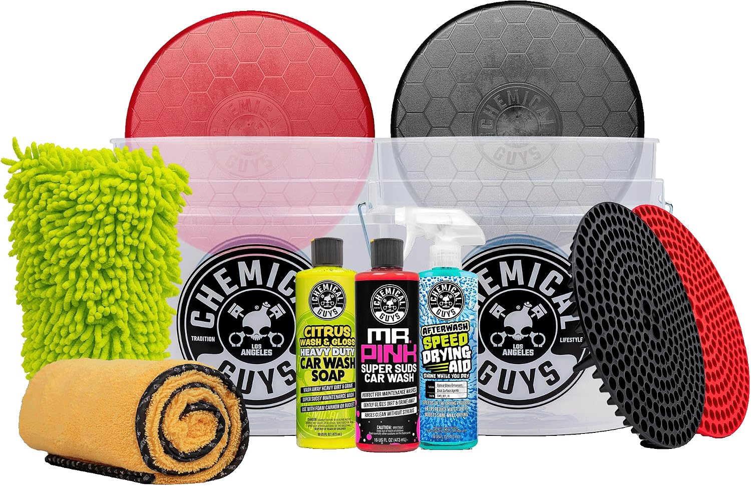 Chemical Guys Two Car Wash Bucket Kit with Dual Dirt Trap Filters, Chenille Wash Mitt, Mr. Pink, Citrus Wash, After Wash, and Drying Towel - 11 Items - Two Bucket Method Complete Setup