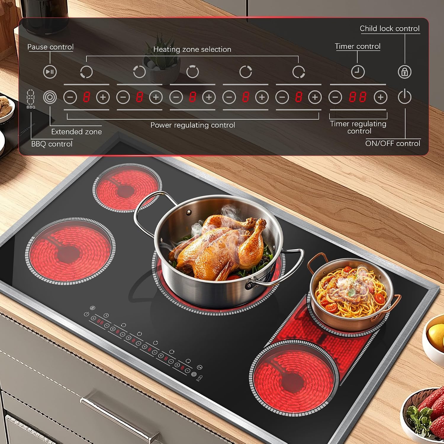 36 Inch Electric Cooktop, 5 Burner Stove Top Touch Control, 36' Glass Ceramic Stove Top 9600W with BBQ & Flexible Zone, Child Lock, Timer, Overheat Protection, 220-240V Hard Wired (No Plug)