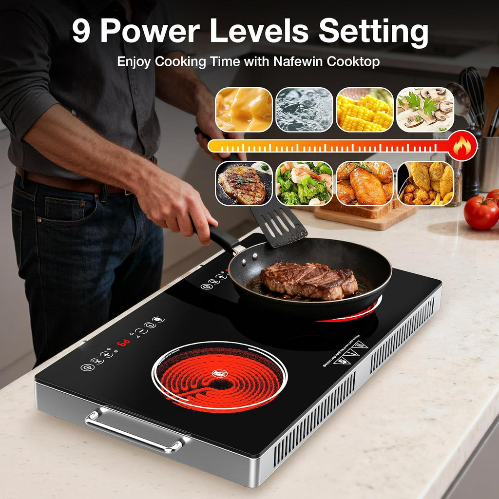 2 Burner Electric Cooktop 110V, 4000W Portable Electric Stove Infrared Hot Plate, 24 inch Countertop Burners with Handle, 3-Hours Timing Setting & Kid Safety Lock, Compatible for All Cookwares