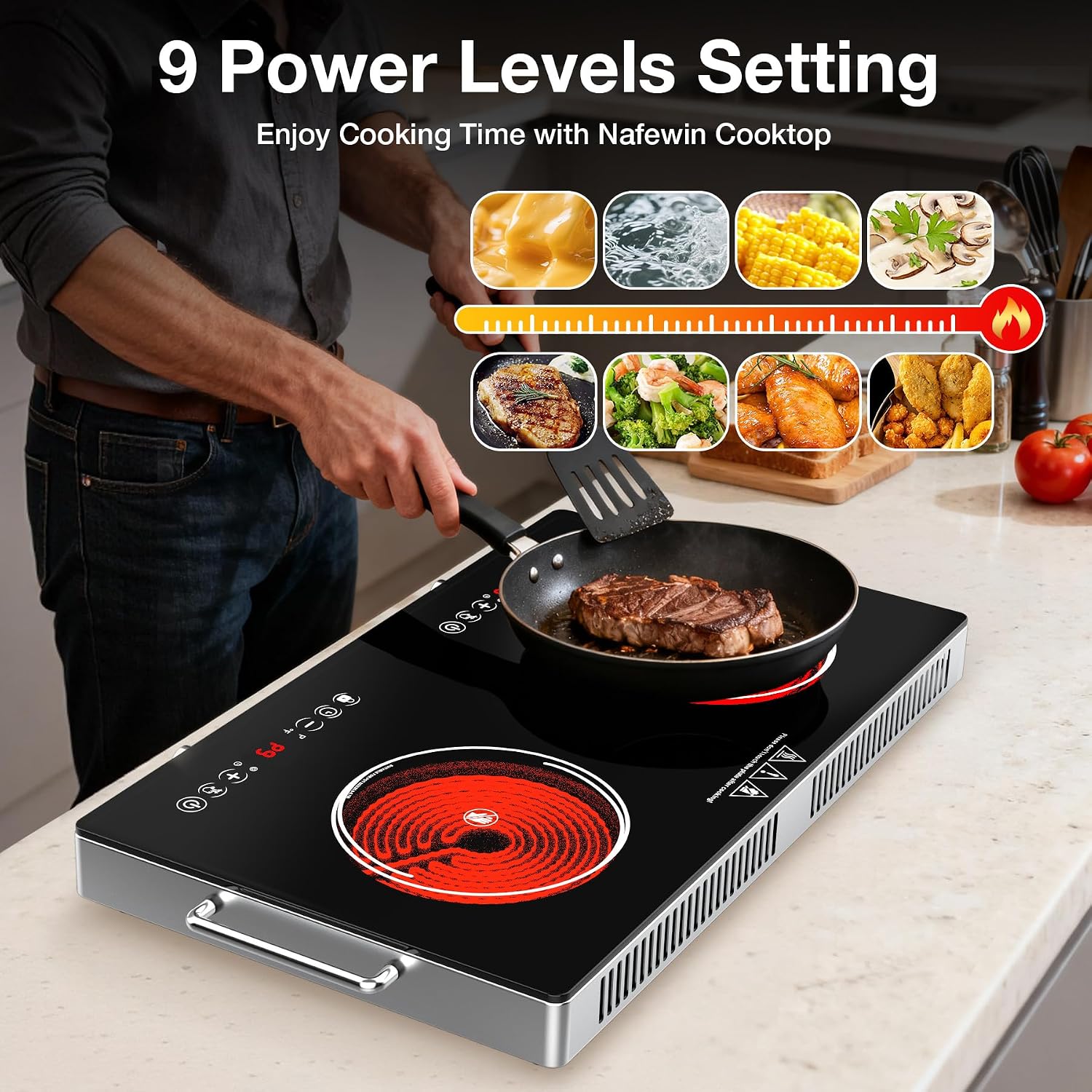 2 Burner Electric Cooktop 110V, 4000W Portable Electric Stove Infrared Hot Plate, 24 inch Countertop Burners with Handle, 3-Hours Timing Setting & Kid Safety Lock, Compatible for All Cookwares