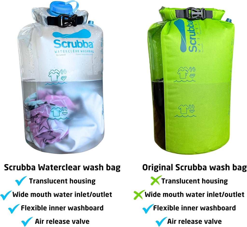 Scrubba WATERCLEAR Wash Bag & Dry Kit - Portable Washing Machine System with XL Towel, Pegless Line & Hangers - Lightweight Laundry Essentials for Camping, Hiking, Hostels & Hotels - Easy-Rinse Inlet