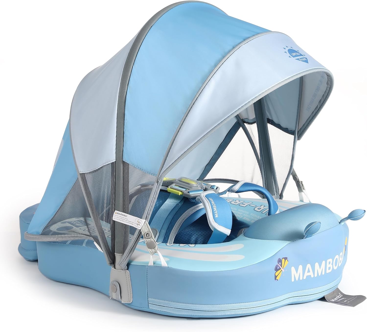 Mambobaby Float Upgrade Add Tail Baby Float with Canopy for Infant Waist Swimming Ring Swim Trainer Non-Inflatable Floats Toys with Adjustable Safety Strap (Blue - Butterfly)