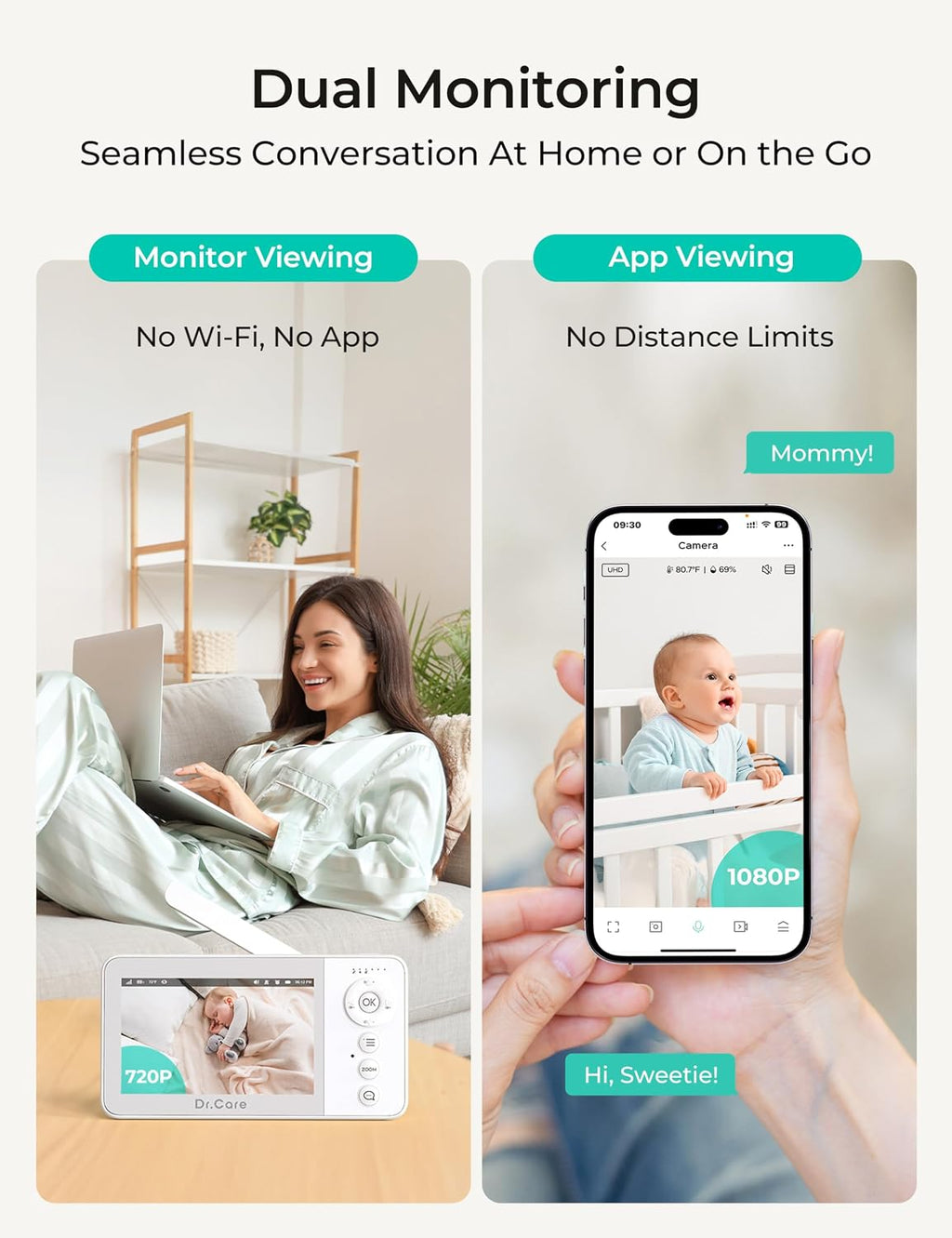 Dr.Care VistaView Lite RB Smart WiFi Baby Monitor with 2 Cameras - 4' 720P Split Screen & 1080P Camera App Control, Motion Alerts, 2500mAh Removable Battery, Night Vision, 2-Way Talk, Multi-User