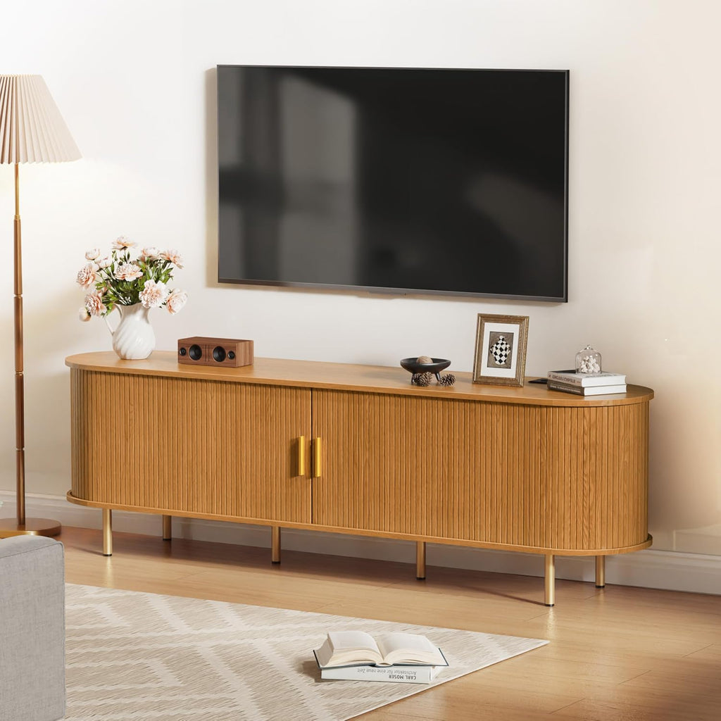 DHH 70.8 Inch Mid Century Modern TV Stand with Power Outlet for TVs up to 80 Inch, Entertainment Center with Storage and Adjustable Shelves, Media Console with Sliding Doors for Living Room(Yellow)