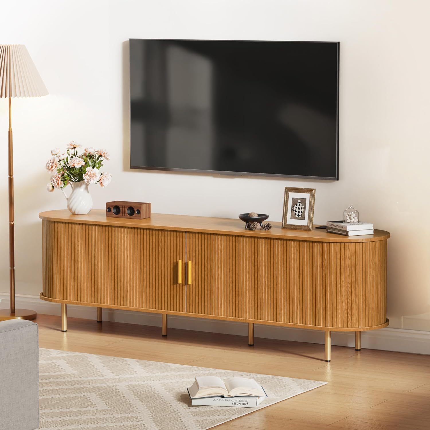 DHH 70.8 Inch Mid Century Modern TV Stand with Power Outlet for TVs up to 80 Inch, Entertainment Center with Storage and Adjustable Shelves, Media Console with Sliding Doors for Living Room(Yellow)