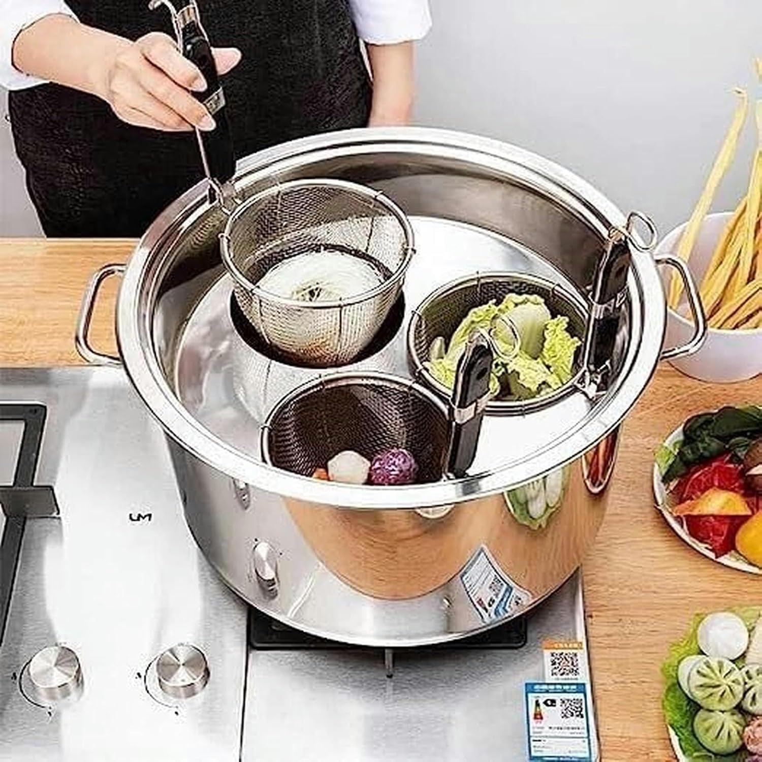 Commercial Stainless Steel Pasta Cooker Set with Dividers, 3/5/6 Mesh Filter Baskets, Strainer, Stock Pot, Ideal for Noodles, Pasta, Dumplings, Soups, Compatible with All Cooktops
