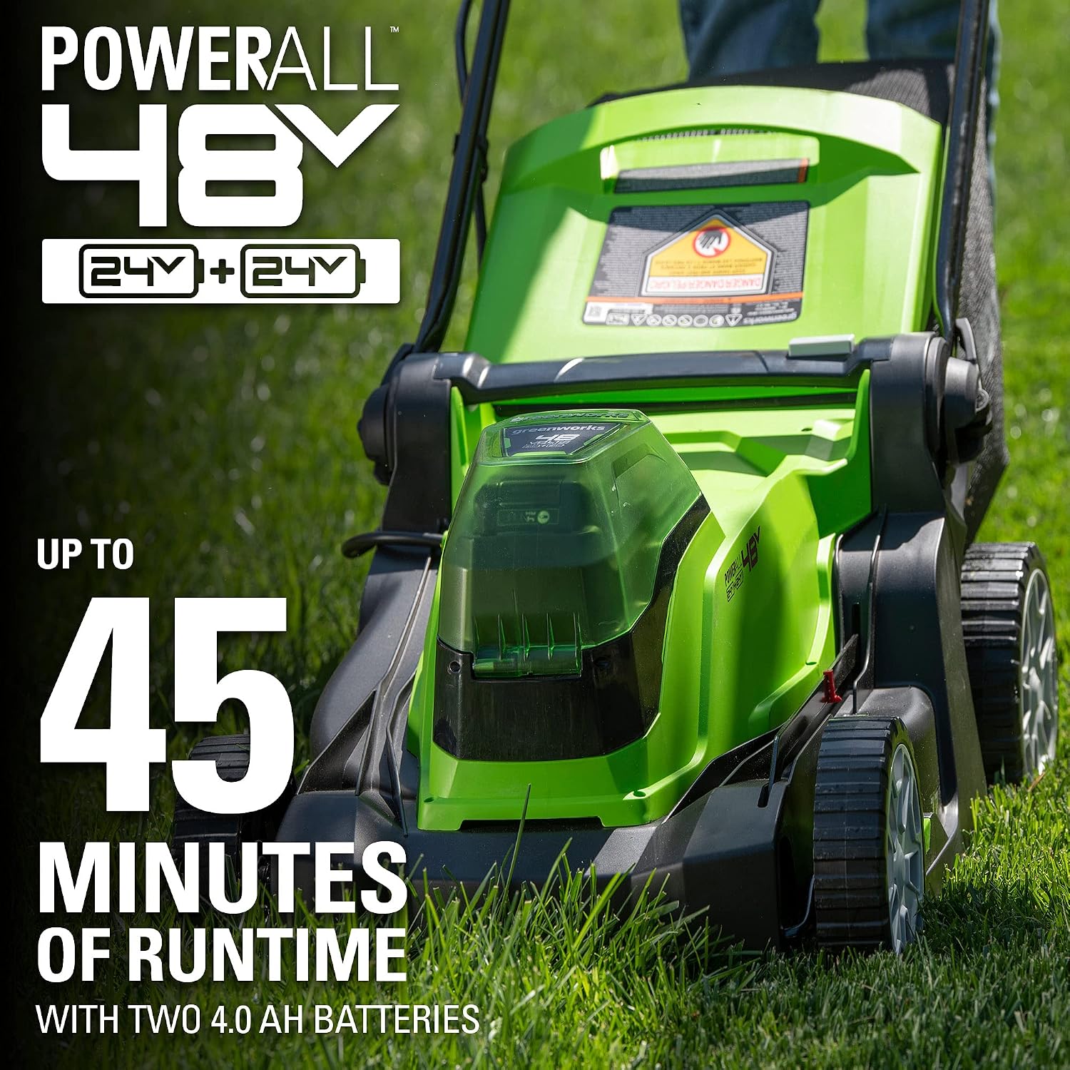 Greenworks 48V (2 x 24V) 17' Brushless Cordless Lawn Mower + 24V Drill / Driver, (2) 4.0Ah USB Batteries (USB Hub) and Dual Port Rapid Charger Included