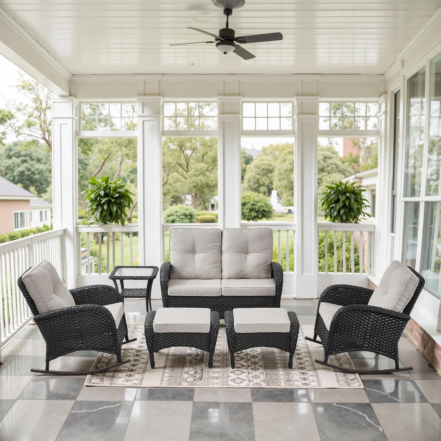 Belord 6 Pieces Outdoor Patio Furniture Set with Wicker Rocking Chairs, Rattan Patio Conversation Set with Glider Loveseat Ottomans and Side Table Black/Beige