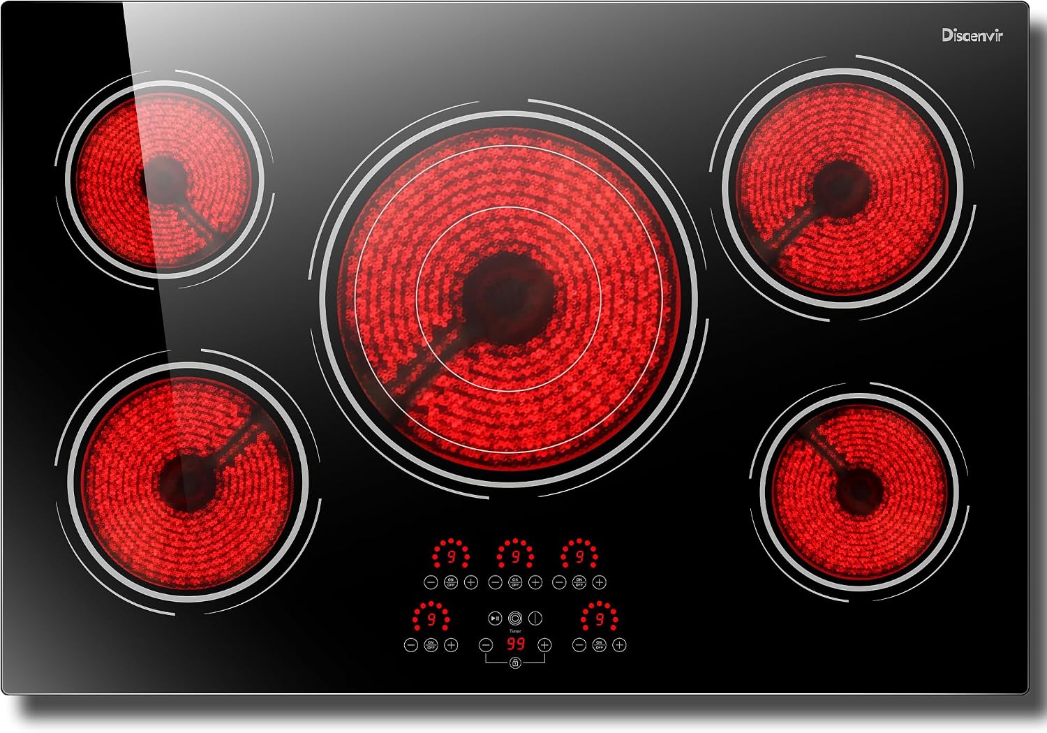 30 Inch Electric Cooktop - 9000W Powerful 5 Burner Electric Stovetop, 220V Built-in Ceramic Stove 30 Inches with Triple Ring, Timer, Safety Lock, Pause, 220V-240V Hard Wired (No Plug)