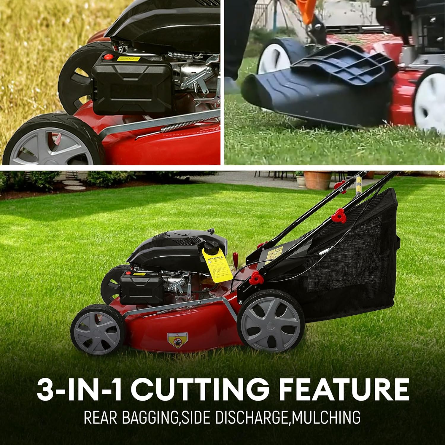 3 in 1 Gas Lawn Mower Self Propelled,141 OHV Engine with Air Cooling, 20' Steel Deck, 8-Level Height Adjustment, 50L Grass Tank, Foldable Design Red