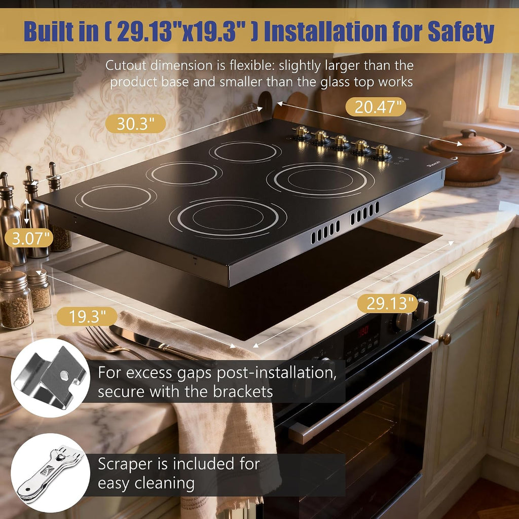 Upgraded 30 Electric Cooktop - 8600W High Power 5 Burners Electric Stove, Built-in 30 Inches Ceramic Stove Top Knob and Touch, Timer, Safety Lock, Timer, 220-240V Hard Wired (No Plug)