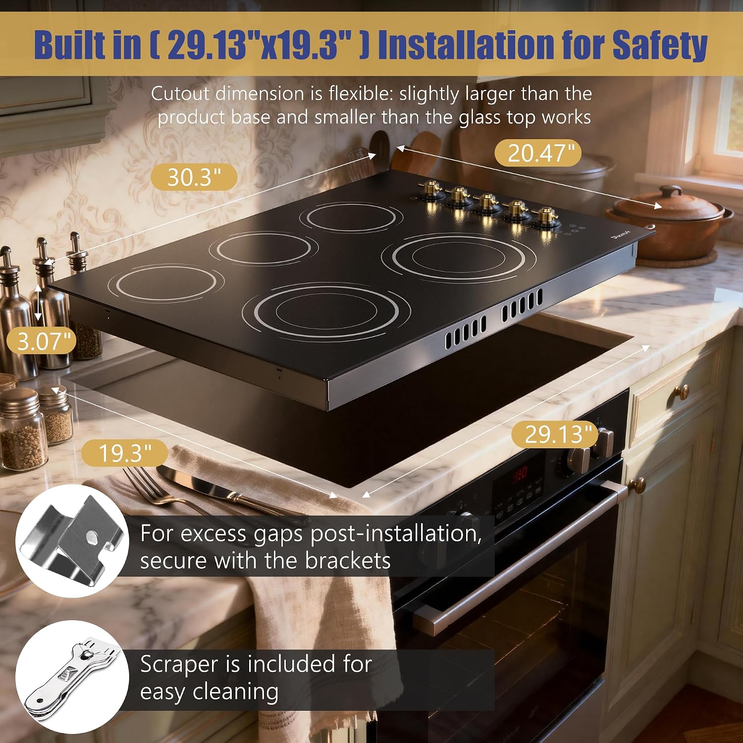 Upgraded 30 Electric Cooktop - 8600W High Power 5 Burners Electric Stove, Built-in 30 Inches Ceramic Stove Top Knob and Touch, Timer, Safety Lock, Timer, 220-240V Hard Wired (No Plug)