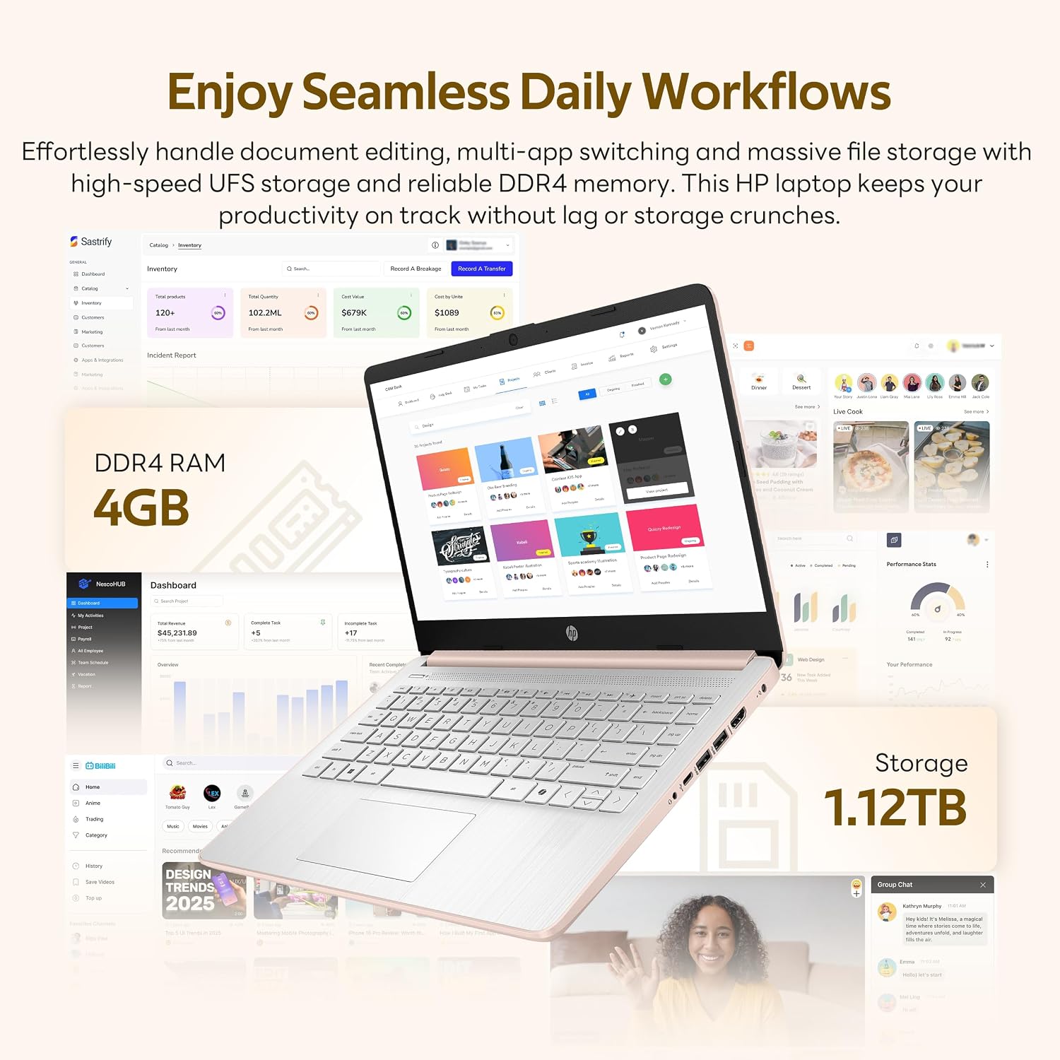 HP Stream 14' Laptop with AI Copilot, Flagship for Students & Business, 13th Gen Intel 4-Core, 4GB RAM, 1.12TB Storage (128GB UFS + 1TB Docking Station), Office 365 1-Year, Win 11 S, Pale Rose Gold