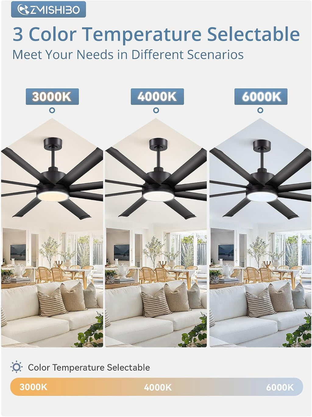 ZMISHIBO 72 Inch Ceiling Fans with Lights, Indoor/Outdoor Industrial Ceiling Fan with 8 Aluminum Reversible Blade, Quiet DC Motor, 3CCT&6-Speed Remote Control, Damp Rated for Living Room/Garage/Gazebo