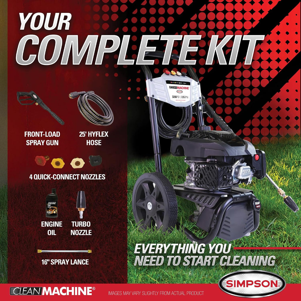 Simpson Cleaning 3200 PSI Gas Pressure Washer, 2.5 GPM Residential Power Washer with Soap Tank and Turbo Nozzle, 25' Hose, Clean Machine, 49-State (CM61456)
