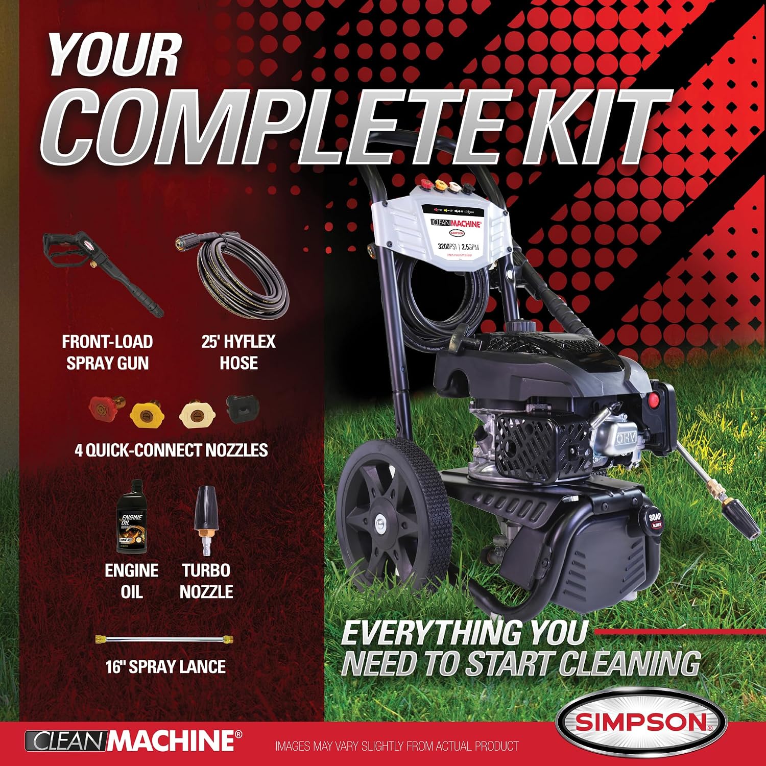 Simpson Cleaning 3200 PSI Gas Pressure Washer, 2.5 GPM Residential Power Washer with Soap Tank and Turbo Nozzle, 25' Hose, Clean Machine, 49-State (CM61456)