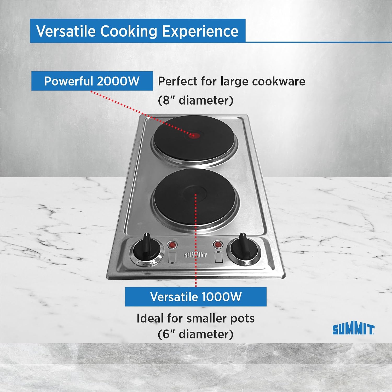 Summit 12' 2 Burner Electric Cooktop 230 Volt Solid Disk Cooktop, ADA compliant, Stainless Steel, Cast Iron- CSD2B230