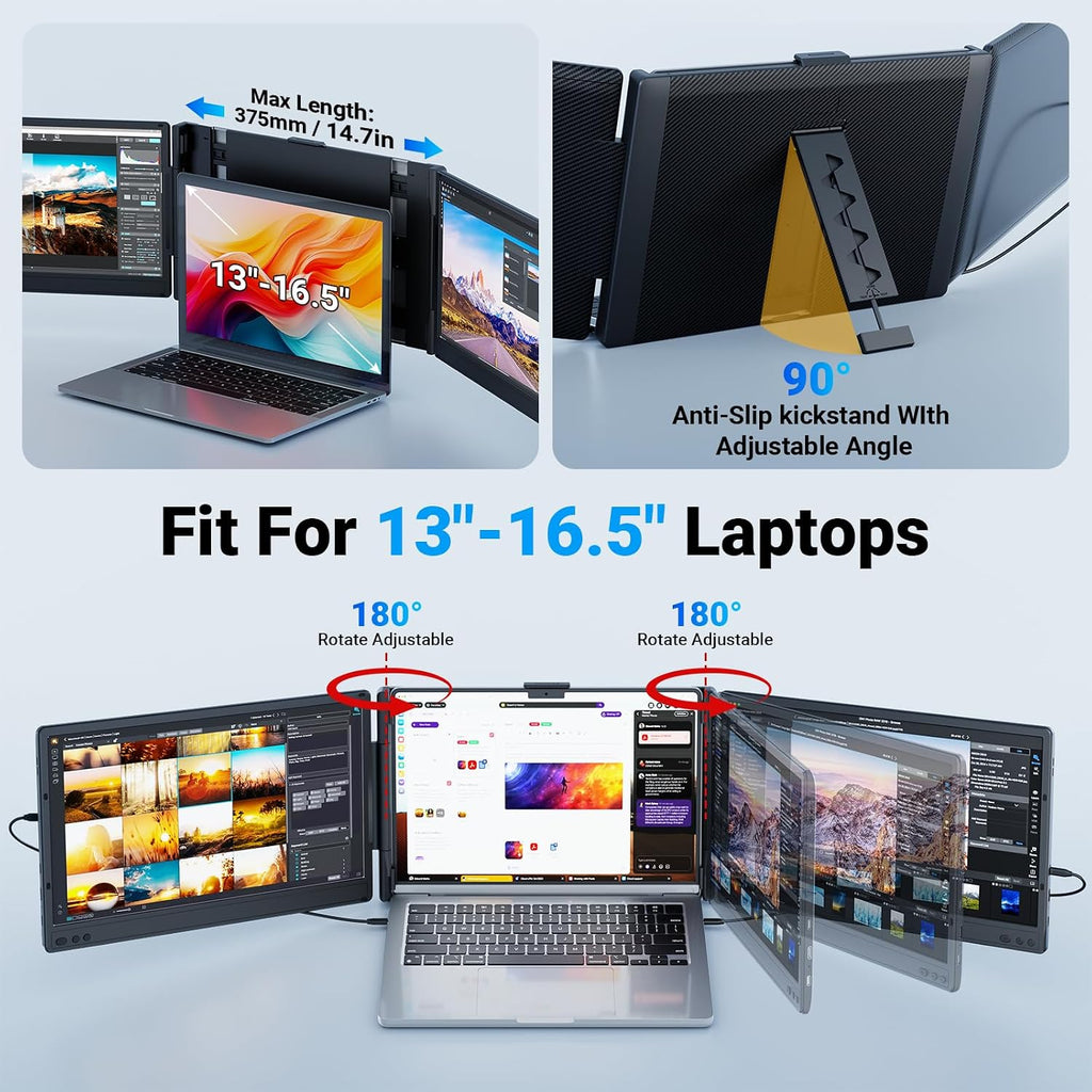 Ygretyrjh Laptop Screen Extender, 14' Triple Portable Monitor for Laptop, 1080P FHD IPS Screen Extender Monitors for 13'-17', Travel Monitor for Mac/Windows/Chrome, Built-in Speakers