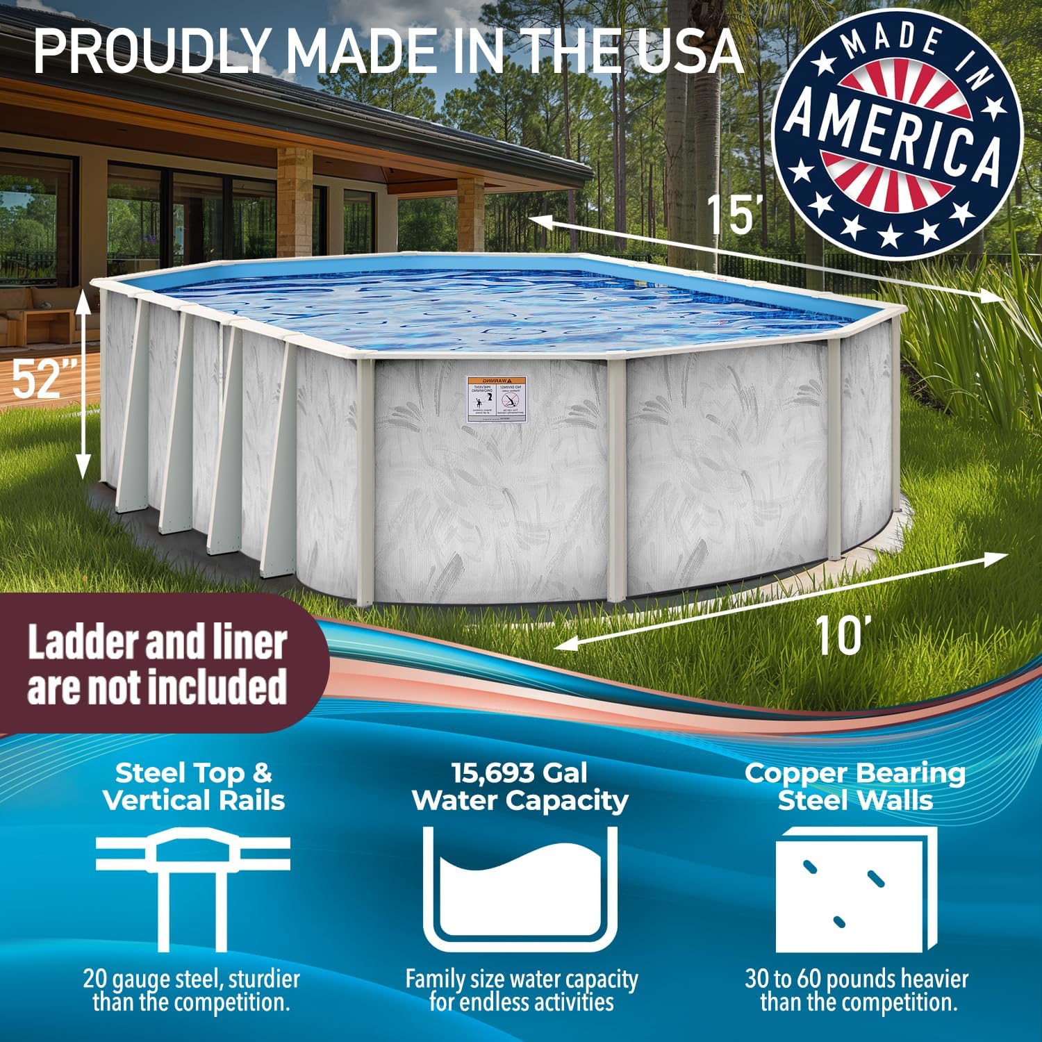 Hollowell Industries - Manufacturers of Doughboy Pools, 15' x 10' Oval Swimming Pool Above Ground, 52' Deep with Skimmer - Hard Sided Steel Wall Pool, Brush Stroke Design - Made in USA